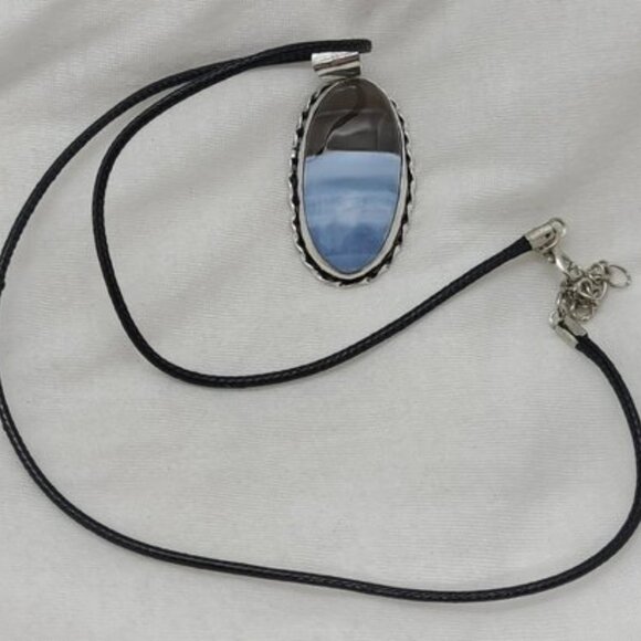 Sterling Silver Plated Blue Opal Pendant Adjustable Rope Necklace - Picture 2 of 4